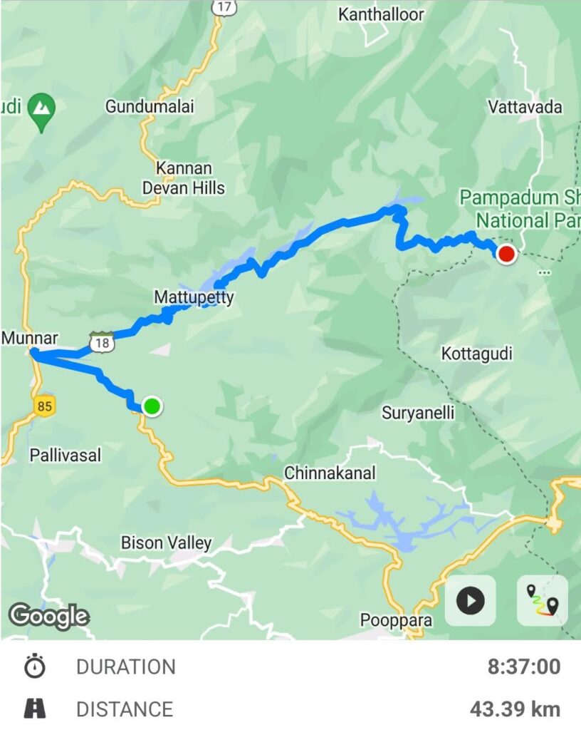 Cycling in Munnar - Map route from Devikulam to Top Station